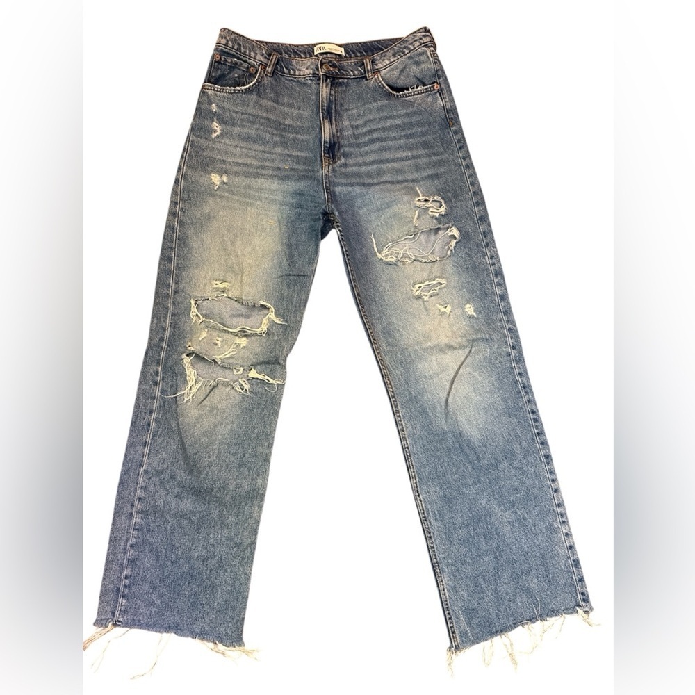 Zara Relaxed Fit Wide Leg Distressed Jeans Light Blue Euro 44 US 12